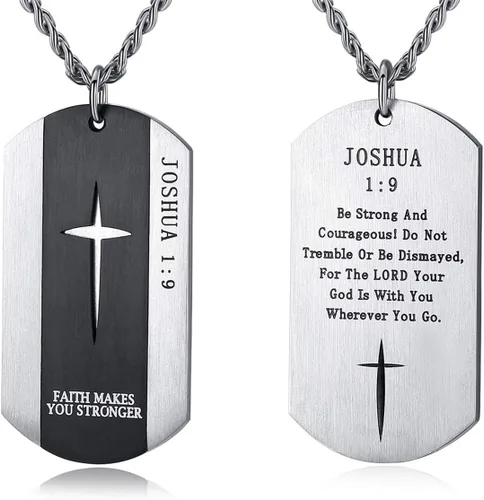 VI.SPORT Joshua - Collar de cruz para perro con cruz 19, colgante de crucifijo de acero inoxidable, joyería cristiana Be Strong and Courageous