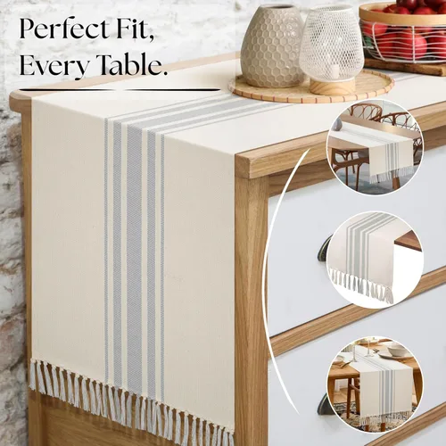 Miniatura 7 de Native Fab Camino de mesa a rayas grises – Mantel bohemio de 72 pulgadas de largo con borlas – 100% algodón, tejido apretado, mantel antideslizante