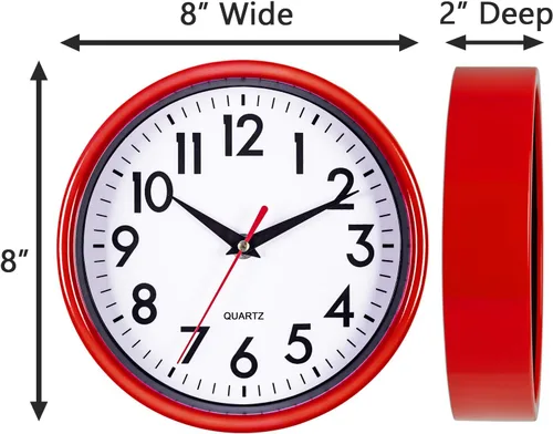 Miniatura 6 de Bernhard Products Reloj de pared rojo de 8 pulgadas, retro, silencioso, sin tictac, de cuarzo, funciona con pilas, para oficina, aula, dormitorio
