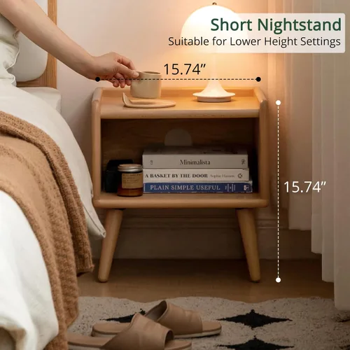 Miniatura 4 de Mesita de noche de madera maciza 100% natural con almacenamiento abierto, elegante mesita de noche moderna de mediados de siglo para dormitorio, 2