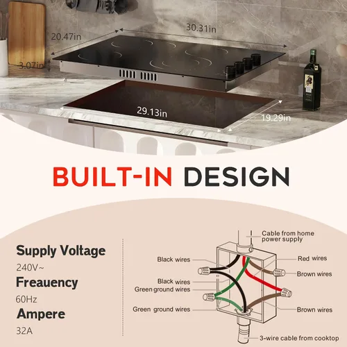 Miniatura 6 de Placa de cocina eléctrica de 30 pulgadas, estufa eléctrica de 4 quemadores, 6700 W, quemador de doble anillo y quemador ovalado, 9 niveles