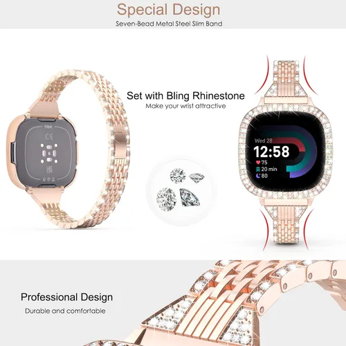 Miniatura 3 de MOFREE Compatible con Fitbit Versa 4 bandas/Fitbit Sense 2 bandas para mujeres con funda protectora de parachoques duro, joyería elegante pulsera