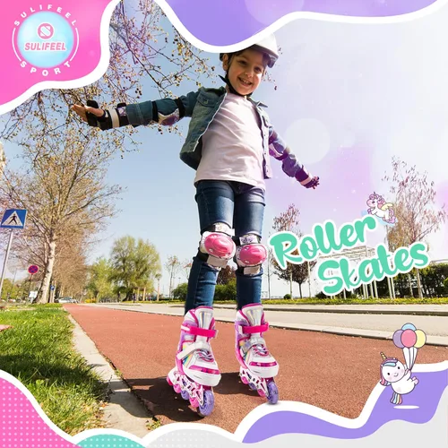 Miniatura 5 de SULIFEEL Patines en línea de unicornio arcoíris para niñas y niños, 4 tamaños, ajustables, con ruedas iluminadas, para niños principiantes C rosado