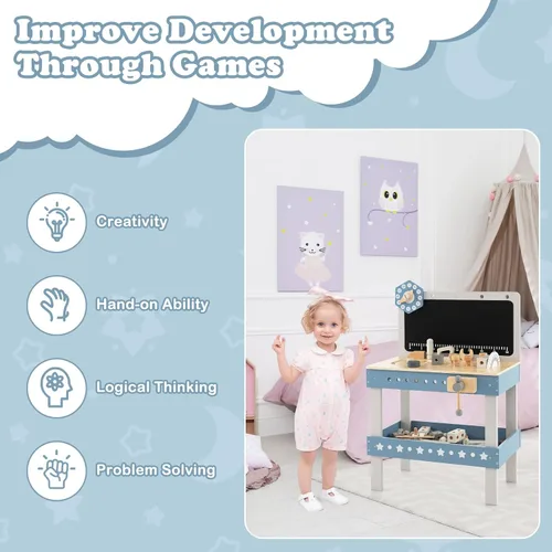 Miniatura 8 de Costzon Banco de herramientas para niños, banco de trabajo de madera con 61 herramientas y accesorios de juguete, juego de herramientas