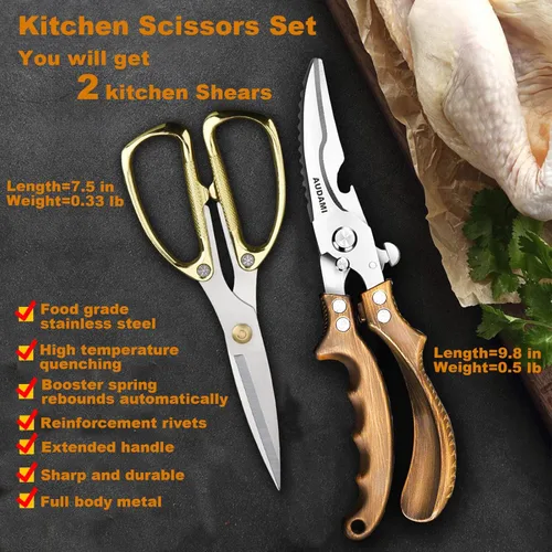 Miniatura 2 de Tijeras de cocina premium, paquete de 2 tijeras resistentes para aves de corral y carne, tijeras de hueso para cocinar Bronce+dorado