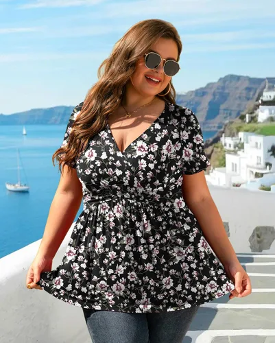 Miniatura 2 de TIANZHU - Blusa elegante de manga corta para mujer, túnica con cuello en V, estilo envolvente, blusa bonita de talla grande