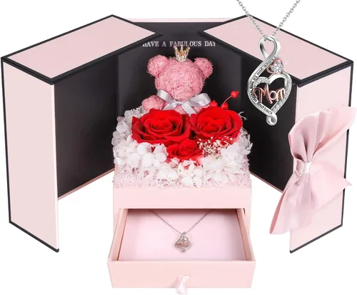 AddWel Regalos para el Día de la Madre, para mamá de hija e hijo, para cumpleaños, rosas reales preservadas con collar de plata de ley con I Love