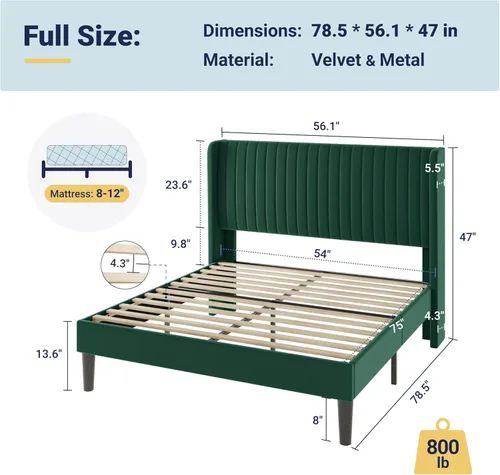 Miniatura 2 de Allewie Marco de cama de tamaño matrimonial/plataforma tapizada de terciopelo, cabecero con alas capitoné de canal vertical/listones de madera Verde