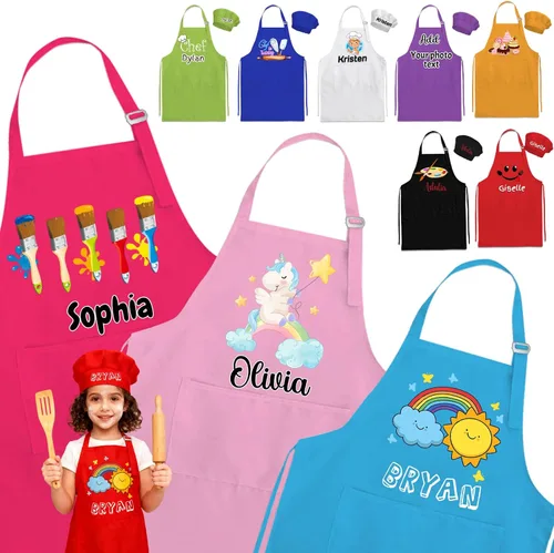 Delantal personalizado para niños con bolsillo para nombre, sombrero de chef personalizado y delantal para cocina, cocina, hornear, pintura,