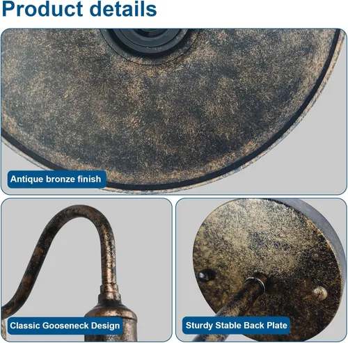 Miniatura 6 de Paquete de 2 luces de pared para exteriores, 9.3 pulgadas, cuello de cisne, lámpara vintage de bronce impermeable para porche, aplique de pared