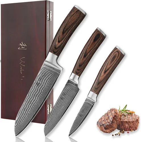 Wakoli EDIB Juego de cuchillos de cocina de Damasco de 3 piezas en caja de regalo de madera, juego de cuchillos afilados hechos de acero de Damasco