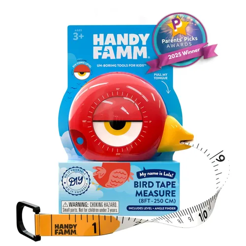 Handy Famm Cinta métrica de pájaro rojo de 8 pies para niños, herramienta educativa STEM con nivel, transportador, diseño retráctil, juguete de