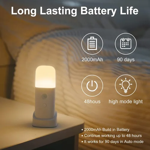 Miniatura 3 de CREWEEL Luz nocturna con sensor de movimiento, luces nocturnas regulables con 5 niveles de brillo, luz recargable de 2000 mAh, luz con sensor