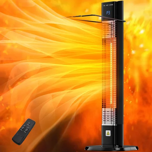 Calentador al aire libre de 1500 W, calentador de patio con control remoto, 3 niveles de calor, temporizador de 24H, tubo de calentamiento de fibra