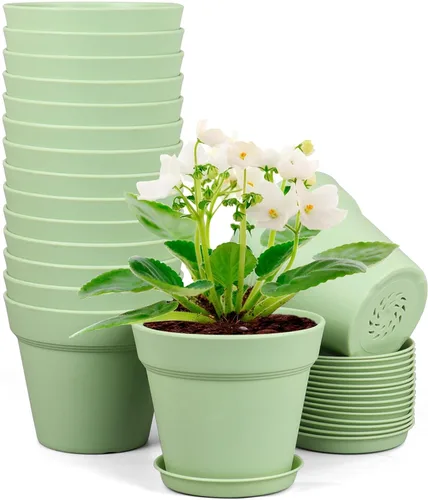 Miniatura 20 de Meowell Macetas de plástico de 6 pulgadas, paquete de 16 macetas para plantas de interior y exterior, macetas con agujeros de drenaje y platillos