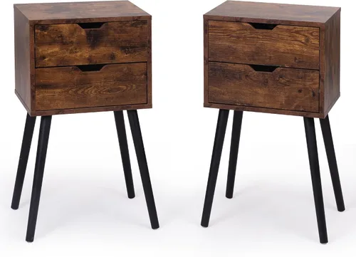 Miniatura 7 de JAXPETY Juego de 2 mesas auxiliares, mesita de noche con cajones, mesitas de noche con patas de madera maciza y gran espacio de almacenamiento, mesa