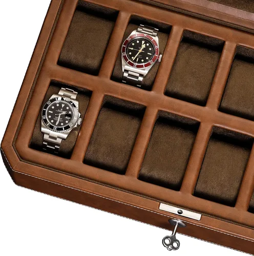 Miniatura 7 de ROTHWELL Caja de reloj de cuero con 12 ranuras, organizador de lujo para relojes, forro de microgamuza, soporte para relojes de joyería para hombre
