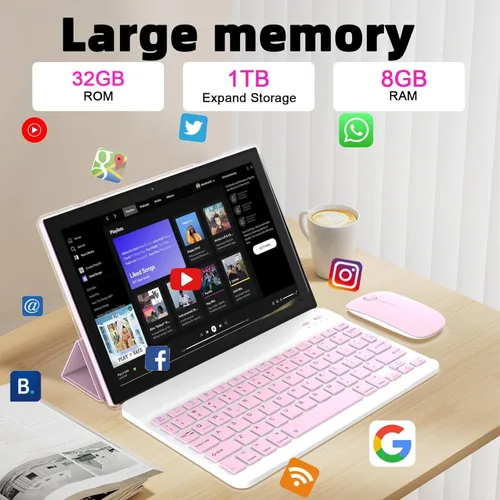 Miniatura 3 de Tablet Android 15, 10 pulgadas 8 GB RAM+32 GB ROM+1 TB Expand, procesador de cuatro núcleos de 1.8 GHz, tabletas 2 en 1 con Conjunto rosa 2 en 1