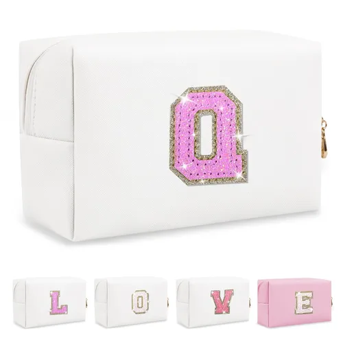 Miniatura 362 de Pequeña bolsa de maquillaje personalizada con inicial A-Z Preppy Patch, bolsa de cosméticos de viaje de felpilla blanca con cremallera, bonita bolsa
