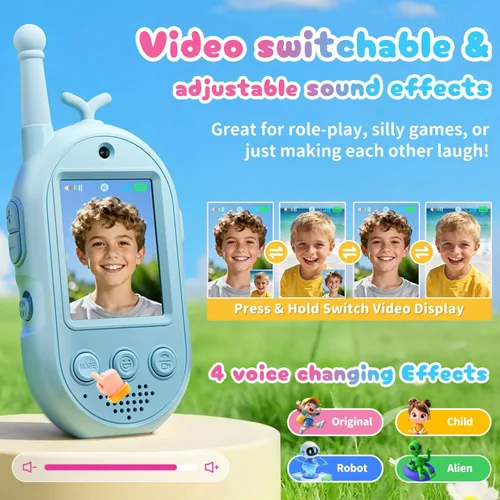 Miniatura 7 de Walkie Talkies de video mejorados para niños, paquete de 2 unidades recargables de voz/videollamadas para niños, juguetes para interiores, Azul/Azul