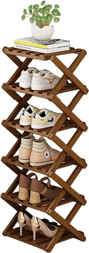 Miniatura 9 de YYW Zapatero de bambú para entrada, organizador vertical de almacenamiento de zapatos plegable y sin instalación, estantes para zapatos, estante