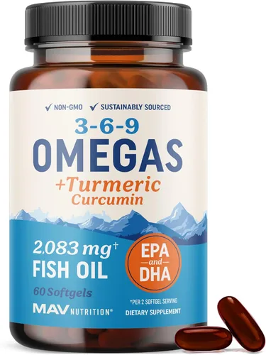 Omega 3 6 9 + suplemento de curcumina de cúrcuma | Aceite de pescado EPA y DHA + cúrcuma de cúrcuma | Apoyo a la movilidad, cognitivo y salud