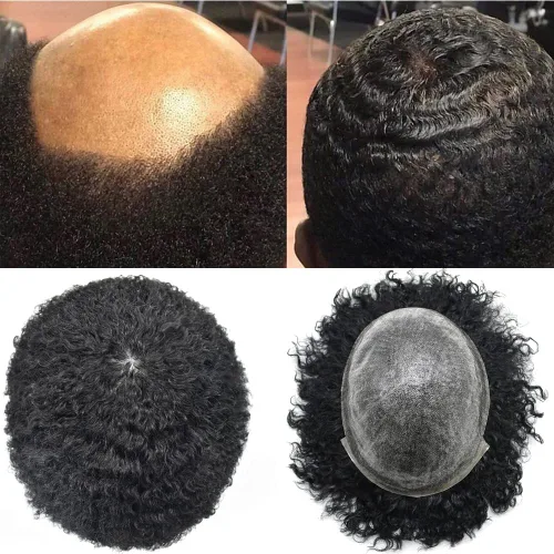 Miniatura 5 de Afro Toupee para hombres negros unidad de cabello humano para hombres negros postizo PU Ingección Afro Mens Toupee 4MM onda #1 negro azabache