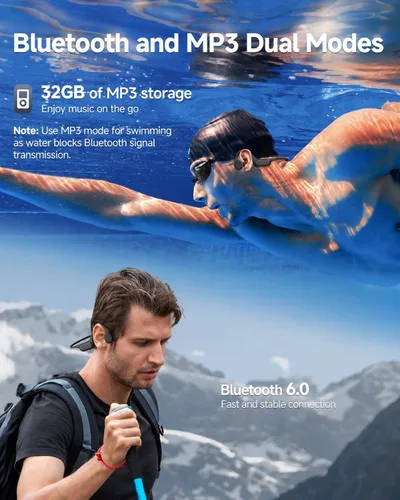 Miniatura 3 de PSIER Auriculares de conducción ósea IPX8 impermeables para natación, auriculares abiertos con modo MP3, memoria de 32 GB, hasta 8 horas de Negro
