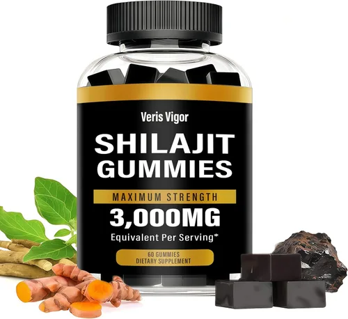 Shilajit - Gomitas de 3000 mg para hombres y mujeres, gomitas naturales puras del Himalaya Shilajit con ácido fúlvico, vegano, apoyo de energía y