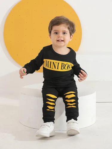 Miniatura 6 de Conjunto de 2 piezas de sudadera con estampado de letras de manga larga y pantalones para bebé niño