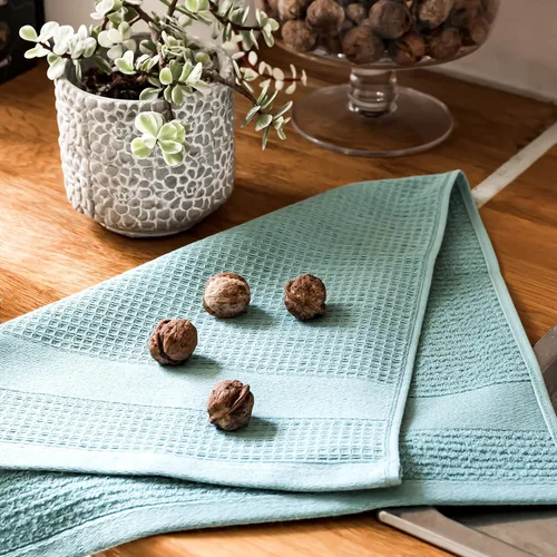 Miniatura 3 de Luzia Toallas de cocina turquesa de alta calidad; elegantes y absorbentes, toallas de cocina de algodón turco con tejido de gofre, juego de tres