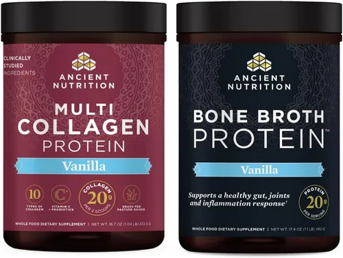 Ancient Nutrition Proteína en polvo multicolágeno, vainilla, 45 porciones + polvo de proteína de caldo de hueso, vainilla, 20 porciones