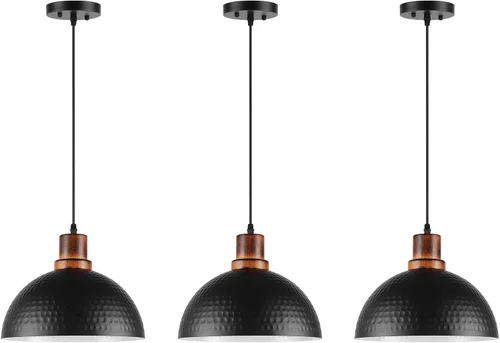 Miniatura 11 de Luces Colgantes Negras para Isla de Cocina, 11.8" Metal Martillado Negro Lámpara Colgante de Cúpula Iluminación Colgante Negra y de Madera Accesorio
