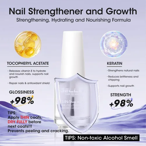 Miniatura 3 de GELLEN Esmalte de uñas transparente 3 en 1, capa superior y fortalecedor de uñas, esmalte de uñas transpirable de secado rápido al aire, tratamiento
