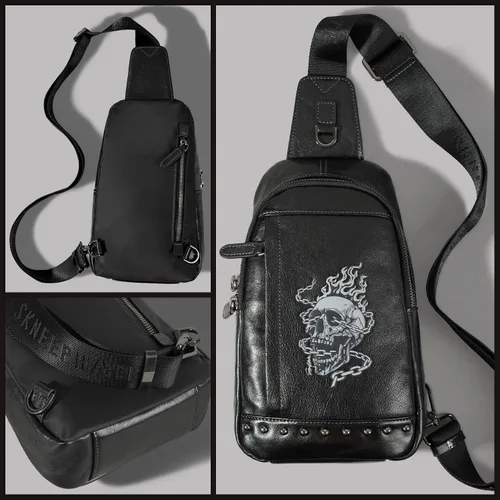 Miniatura 3 de Bolso bandolera pequeño de cuero genuino para hombres Crossbody, bolso negro de hombro de calavera para hombre, mochila de una sola correa, Negro