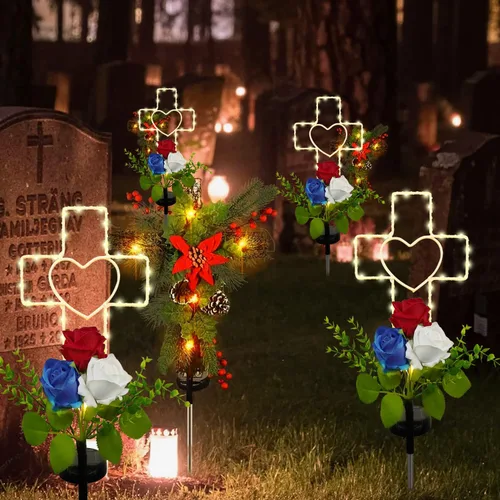 Miniatura 3 de Lmtocs Decoraciones solares para el Día de los Caídos, luces de cruz, decoraciones del 4 de julio, luces conmemorativas al aire libre, decoraciones