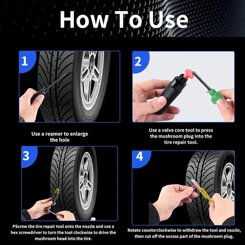 Miniatura 2 de famobay Kit profesional de tapones de neumáticos de hongos – Juego de reparación de neumáticos sin cámara resistente para motocicletas, automóviles