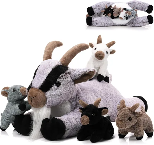 Miniatura 7 de HyDren Juego de 5 piezas de peluche de cabra de 18 pulgadas, peluche de cabra con 4 peluches de bebés en su barriga, almohada de felpa suave de Gris