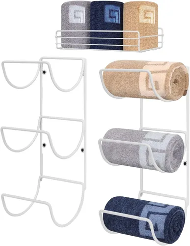 Miniatura 8 de NearMoon Toallero montado en la pared, 2 toalleros de metal + cesta de almacenamiento de toallas de mano, organizador de 3 niveles para toallas