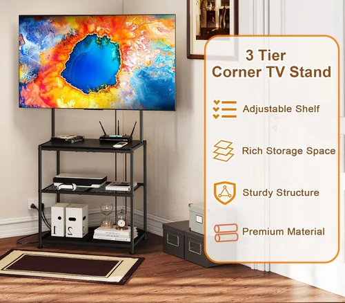 Miniatura 3 de Soporte de TV de esquina pequeño de piso de 23 a 50 pulgadas con estantes de almacenamiento para sala de estar y dormitorio, soportes de televisión
