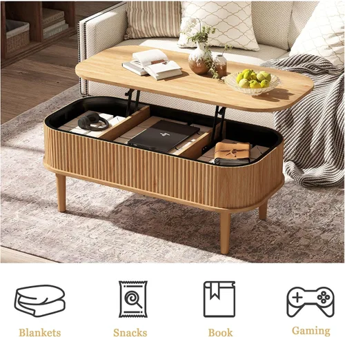 Miniatura 6 de Mesa de centro acanalada con tapa elevable y almacenamiento oculto, mesa de centro ovalada con tapa elevable, diseño moderno de mediados de siglo