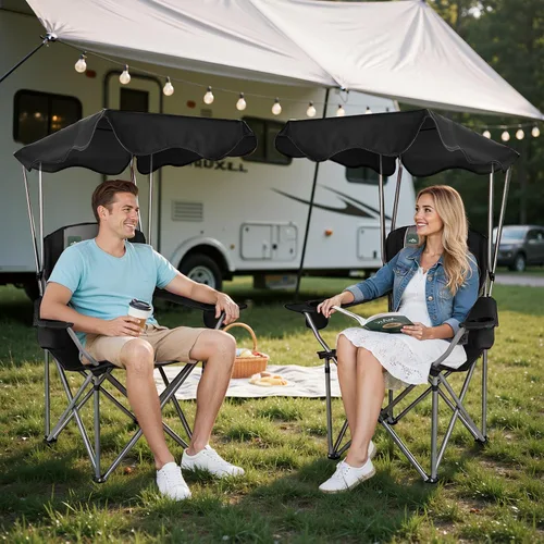 Miniatura 2 de Northroad Sillas de camping plegables con toldo y silla de playa con portavasos, reposabrazos y bolsa de transporte para viajes al aire libre, Negro