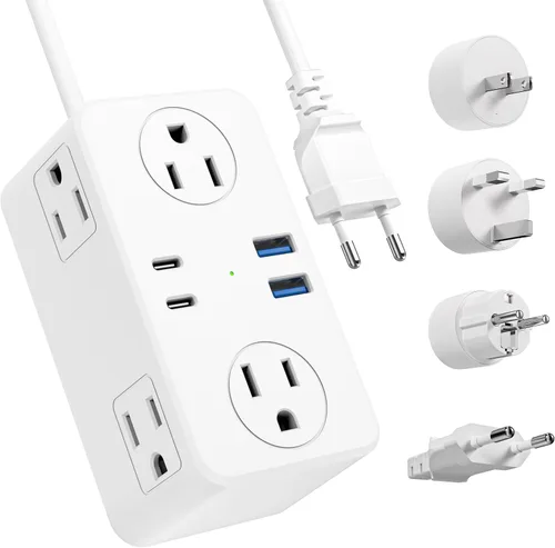 Kakyanill Adaptador de enchufe de viaje europeo, Adaptador de enchufe de viaje EU/UK/US, Regleta de alimentación con 6 tomas AC, 4 puertos USB (2