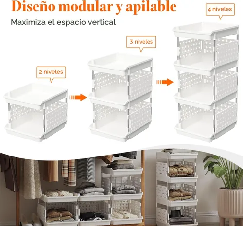 Miniatura 5 de Lifewit Cestas de Almacenamiento Apilables de Plástico, Cestas Apilables de 4 Niveles 13.8"P x 11.8"A x 28.3"Al, Contenedores Multifuncionales
