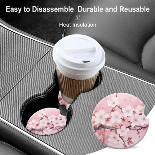 Miniatura 6 de Portavasos para automóvil, posavasos de cerámica con estampado floral rosa, soporte antideslizante con agarre para la punta del dedo, accesorios