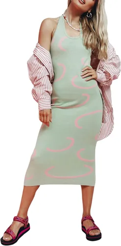 Miniatura 4 de FOMOYUU Vestido halter de punto para mujer, sin mangas, estampado geométrico, cuello en U, espalda descubierta, atar y ajustar, ajustado