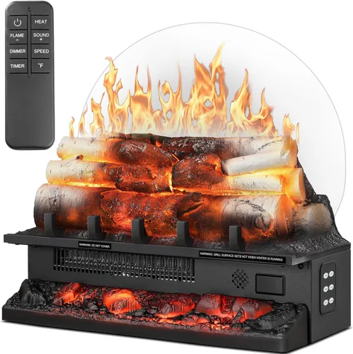 Xbeauty Juego de troncos de chimenea eléctrica con temporizador de 8 horas y efectos de sonido, calentador independiente de 21 pulgadas, control