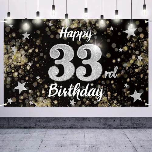 Miniatura 25 de Decoración de feliz cumpleaños 37, cartel grande de fondo de cumpleaños de 37 años con estrella de ensueño negro y plateado – Decoración de fiesta