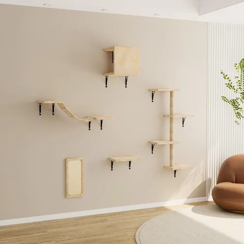 Muebles montados en la pared de árbol para gatos, estantes de escalada para jugar con gatitos y relajarse, incluye tabla de rascar, puente de Beige