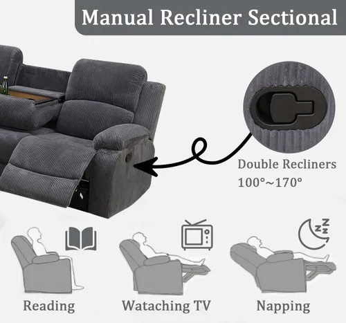 Miniatura 5 de Juego de sofá modular reclinable manual para sala de estar, sofá reclinable en forma de L, seccional de cuero con portavasos/almacenamiento